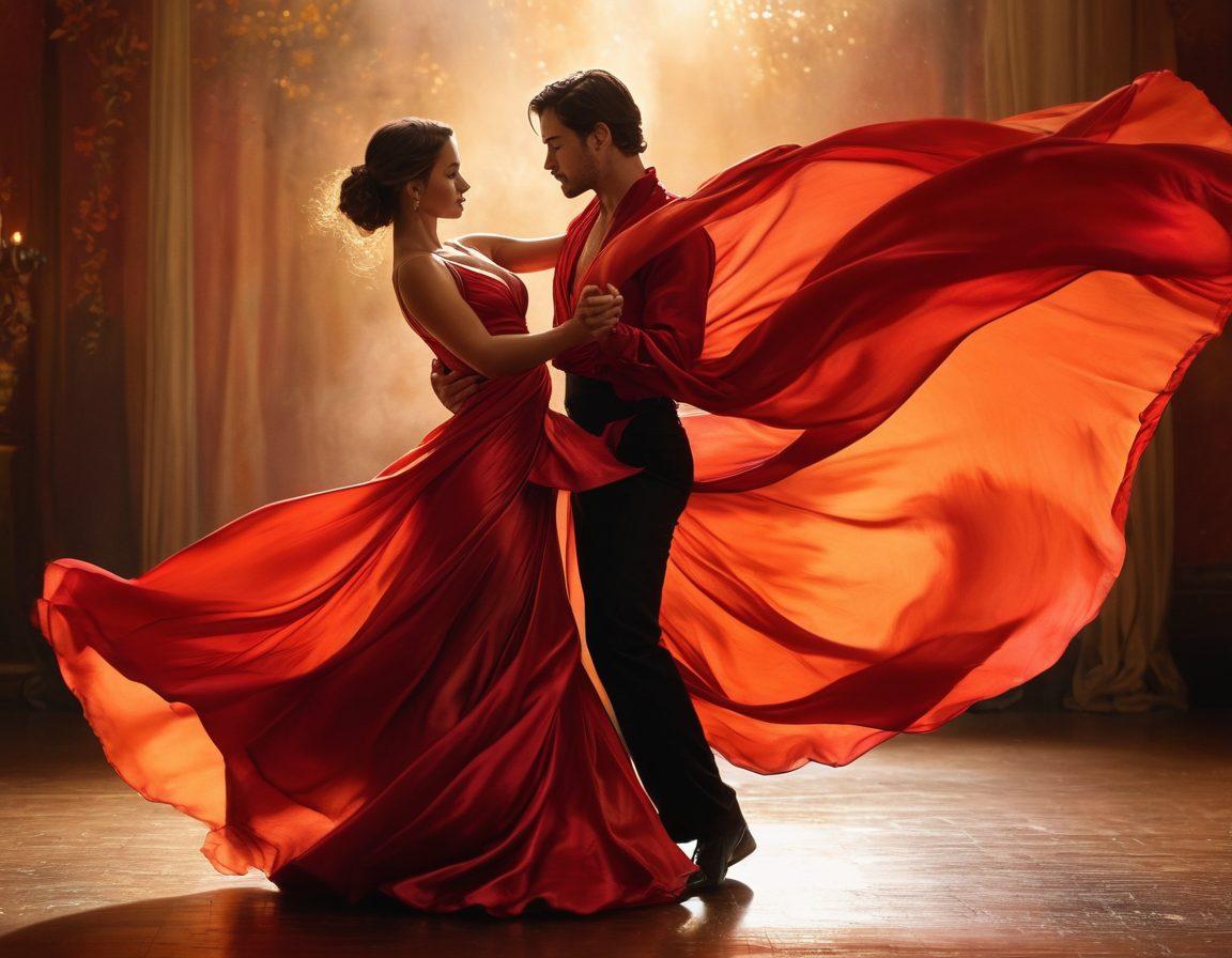A captivating scene depicting a sultry dance between a couple, surrounded by swirling red and gold silks, shimmering lights reflecting intimate allure. The background features subtle shadows and silhouettes, enhancing a sense of mystery, while their expressions convey a blend of passion and intrigue. The atmosphere exudes warmth and sensuality, inviting the viewer into a world of seduction. vibrant colors. super-realistic. soft focus.