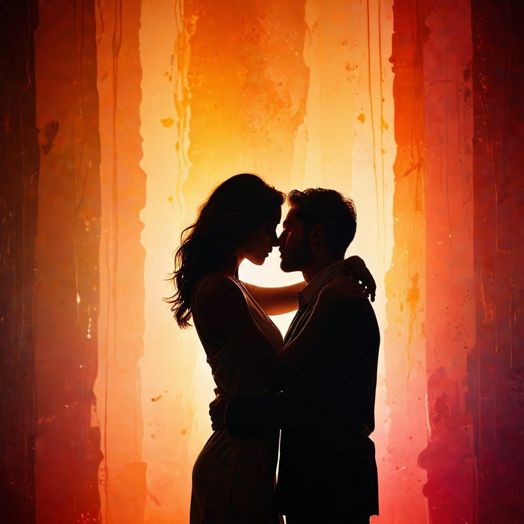 A dynamic and sensual scene depicting a couple captured in an intimate moment, surrounded by abstract visuals symbolizing passion and connection. Include soft lighting, warm colors, and silhouettes to evoke a sense of eroticism and romance. The background should subtly feature elements of film, like a film reel or a projector, blending seamlessly with the couple. Emphasize emotional closeness and chemistry between the partners. painterly style, vibrant colors.