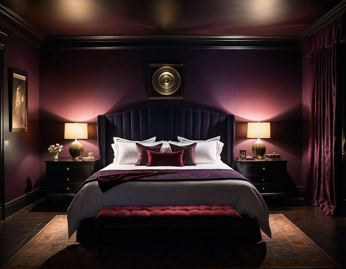 A captivating scene of a dimly lit, luxurious bedroom adorned with rich fabrics and soft, ambient lighting. Incorporate elements like a vintage film projector casting shadowy silhouettes, soft-focus photographs on the walls depicting intimate moments, and a seductive dance of shadows across a plush bed. The atmosphere should evoke allure and desire while maintaining a tasteful elegance. vibrant colors. super-realistic. soft focus.